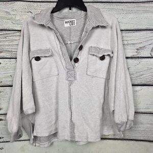 Bucket List M Gray Raw Hem Button Front Top